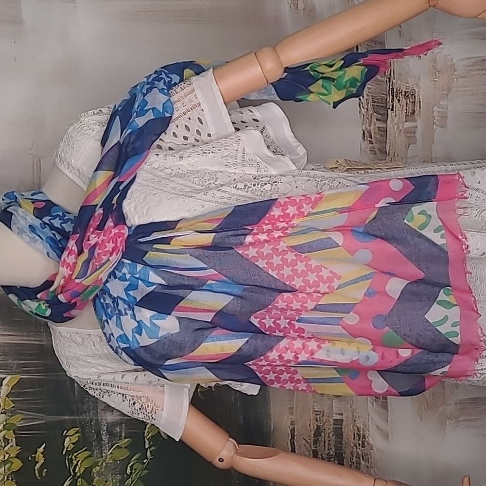 Womens bright colorful blue pink confetti and stars sheer polyester scarf